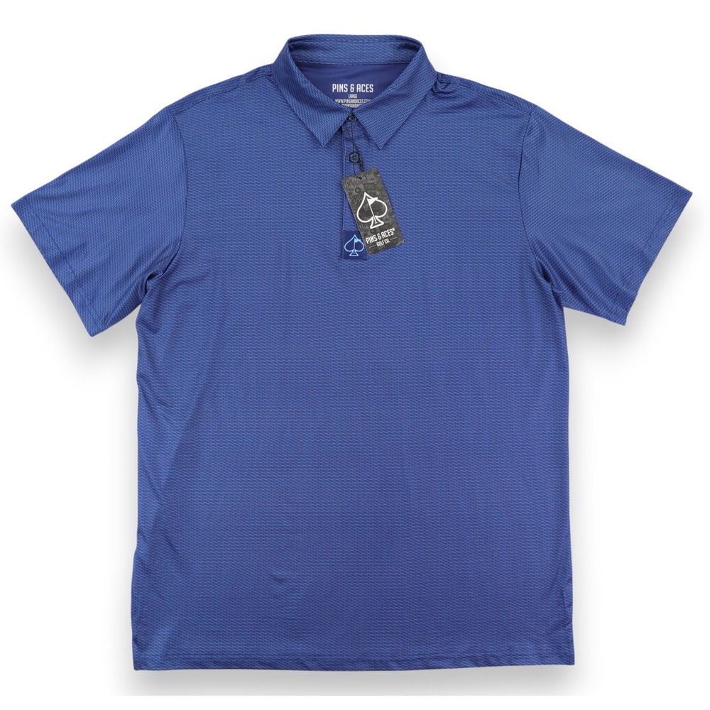Pins & Aces Polo Shirt Mens Large Blue Geometric Golf Performance Stretch NWT